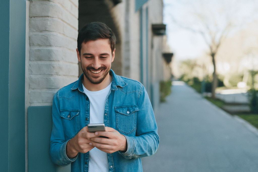 Junge Mann freut sich über günstigen 30-GB-Tarif im Telekom-Netz auf seinem Smartphone – Klarmobil Allnet Flat für 9,99 Euro